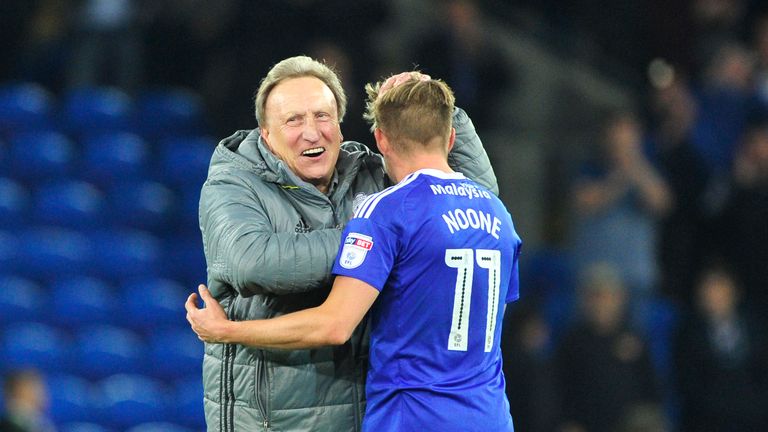 Cardiff City manager Neil Warnock celebrates his team's win with Craig Noone at the end of the Sky Bet Championship match v Bristol City