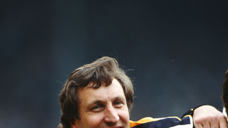 Neil Warnock celebrates after a play-off final victory with Notts County in 1991