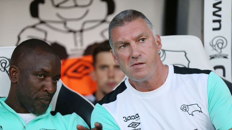 Derby County's manager Nigel Pearson and his assistant Chris Powell during the game against Carlisle United