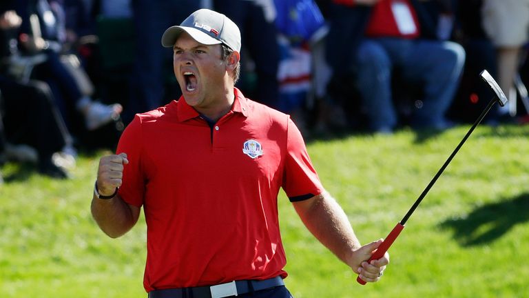patrick reed celebrates during the foursomes at the ryder cup