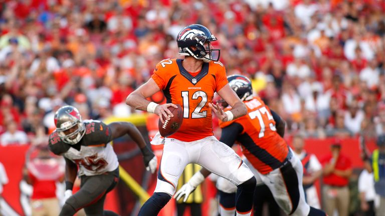 TAMPA, FL - OCTOBER 2:  Quarterback Paxton Lynch #12 of the Denver Broncos looks for an open receiver during the third quarter of an NFL game against the T