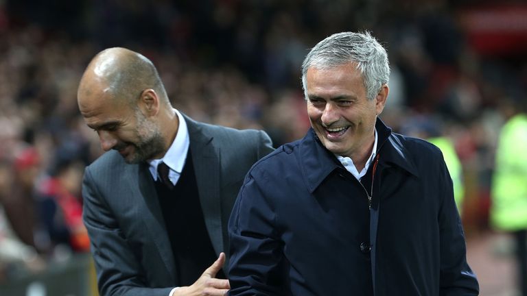 Pep Guardiola and Jose Mourinho ahead of the Manchester United v Manchester City EFL Cup tie at Old Trafford on October 26, 2016 in Manchester, England