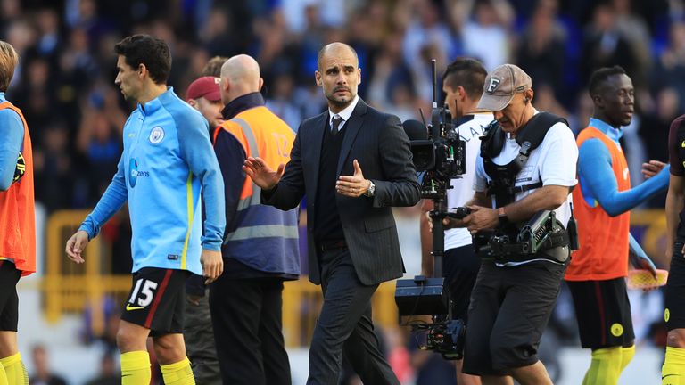 Manchester City manager Pep Guardiola applauds the fans after the Premier League match at White Hart Lane, London.