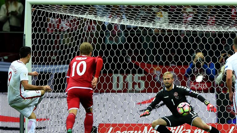 Robert Lewandowski scores from the penalty spot against Denmark