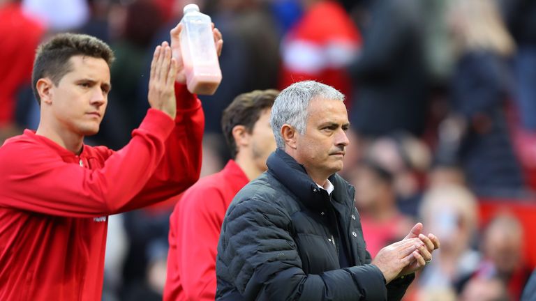 Jose Mourinho shows apperciation to the fans at Old Trafford