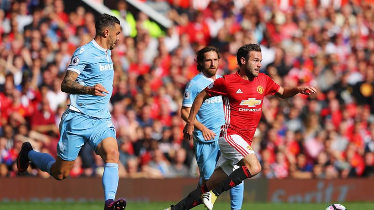 Juan Mata in possession during the match against Stoke at Old Trafford