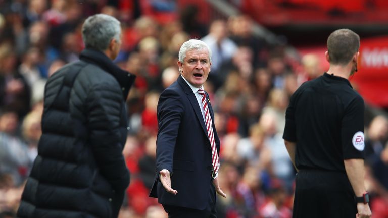 Mark Hughes reacts during the match between Manchester United and Stoke City