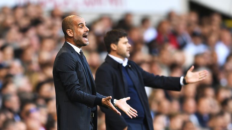 Pep Guardiola and Mauricio Pochettino give instructions from the touchline