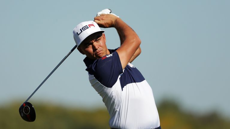 CHASKA, MN - OCTOBER 02: Rickie Fowler of the United States hits off the third tee during singles matches of the 2016 Ryder Cup at Hazeltine National Golf 