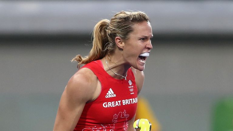 RIO DE JANEIRO, BRAZIL - AUGUST 19:  Crista Cullen of Great Britain celebrates her sides second goal against Netherlands on Day 14 of the Rio 2016 Olympic 