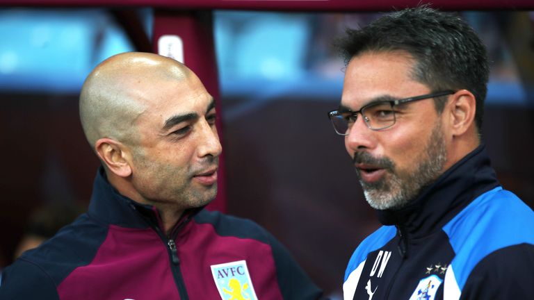 Roberto Di Matteo and David Wagner during the Sky Bet Championship match at Villa Park