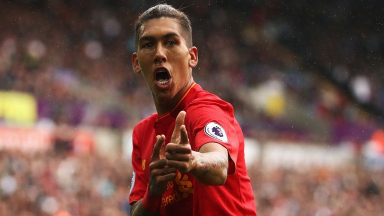 Liverpool's Roberto Firmino celebrates his goal against Swansea in the Premier League