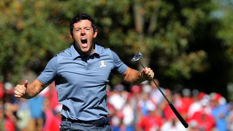 CHASKA, MN - OCTOBER 02:  Rory McIlroy of Europe reacts on the eighth green during singles matches of the 2016 Ryder Cup at Hazeltine National Golf Club on