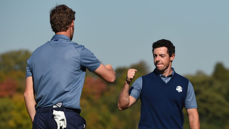 Team Europe's Rory McIlroy and Thomas Pieters in their Friday Afternoon Four-ball match during the 41st Ryder Cup at Hazeltine National Golf Course in Chas