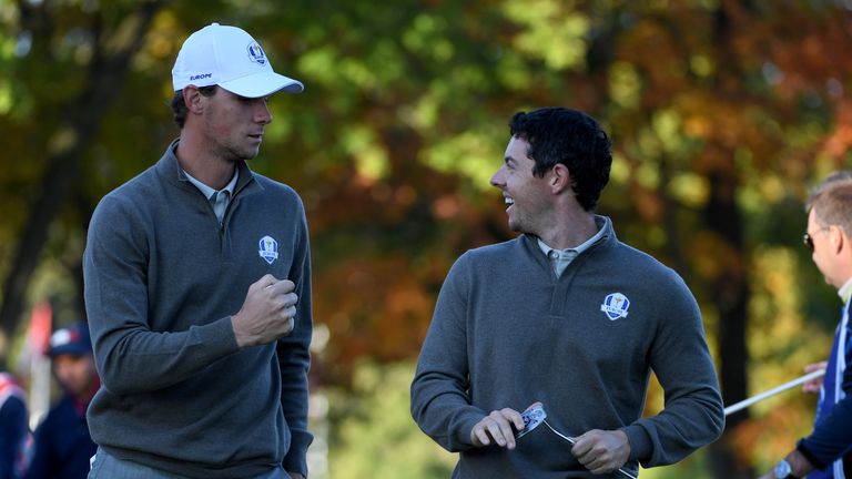 CHASKA, MN - OCTOBER 01:  Thomas Pieters and Rory McIlroy of Europe react on the fourth green during morning foursome matches of the 2016 Ryder Cup at Haze