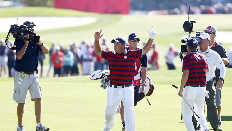 CHASKA, MN - OCTOBER 01:  Patrick Reed of the United States reacts after holing out on the sixth hole during afternoon fourball matches of the 2016 Ryder C