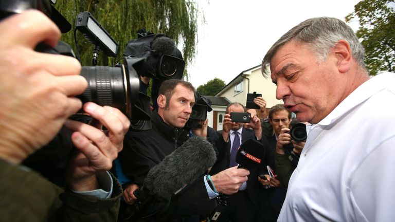 Former England manager Sam Allardyce speaks to the media as he leaves his family home on September 28, 2016 in Bolton, England