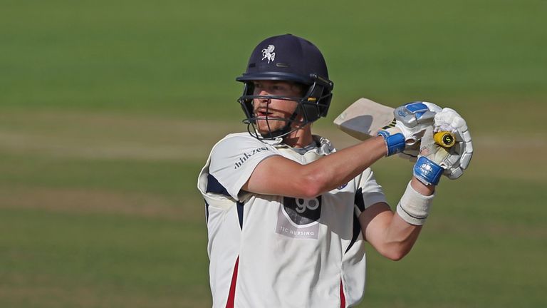 Sam Northeast of Kent hits a six to bring up his century