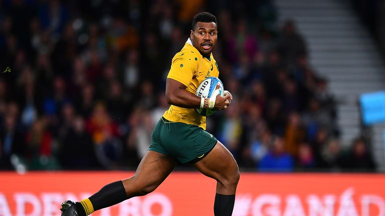 Samu Kerevi scores a try during the Rugby Championship match between Argentina and Australia