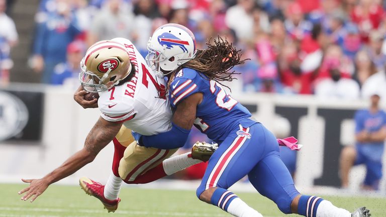 BUFFALO, NY - OCTOBER 16:   Colin Kaepernick #7 of the San Francisco 49ers is tackled by  Stephon Gilmore #24 of the Buffalo Bills during the second half a