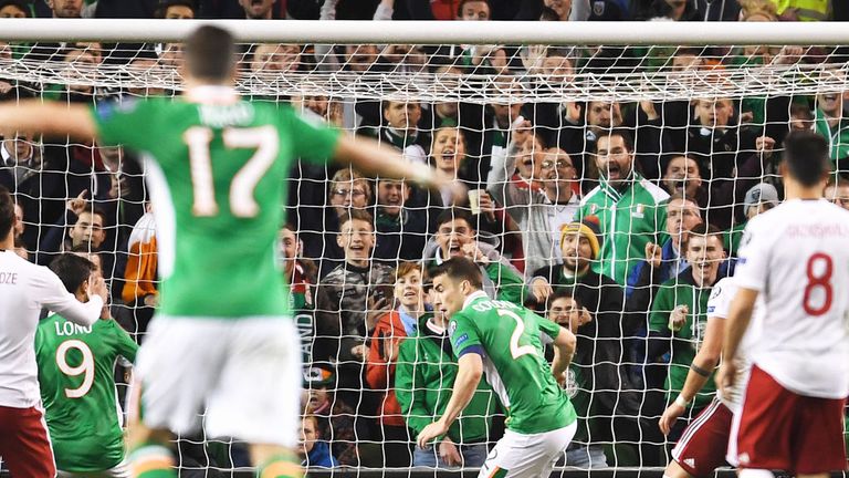 Seamus Coleman (2) scores his first goal for Ireland in the 1-0 win over Georgia