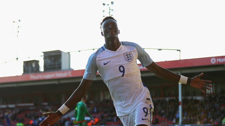WALSALL, ENGLAND - OCTOBER 11:  Tammy Abraham of England U21 celebrates as he scores their fifth goal during the UEFA European U21 Championship Group 9 qua