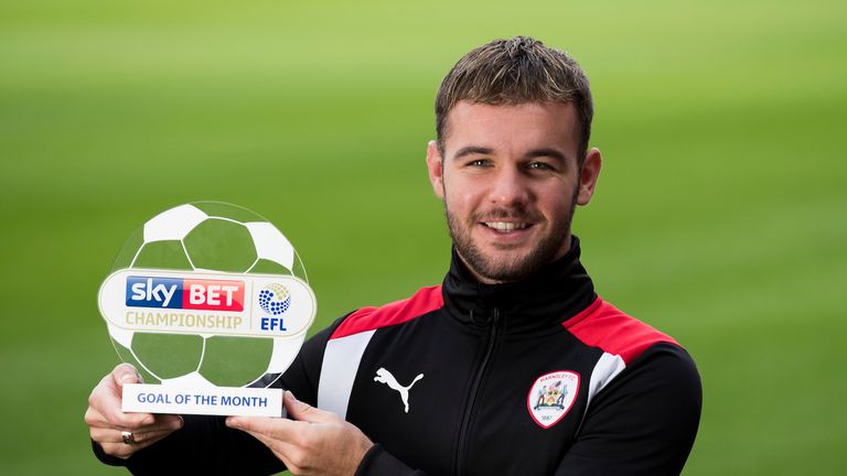 Barnsley FC Striker Adam Armstrong with his SkyBet Championship Goal Of The Month Award for September..13th October 2016.Picture By Mark Robinson..