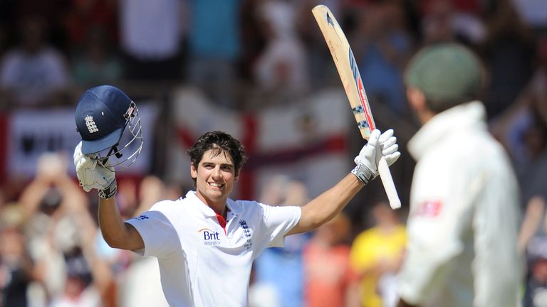 Alastair Cook celebrates his century during the Ashes as Australian captain Ricky Ponting looks on 