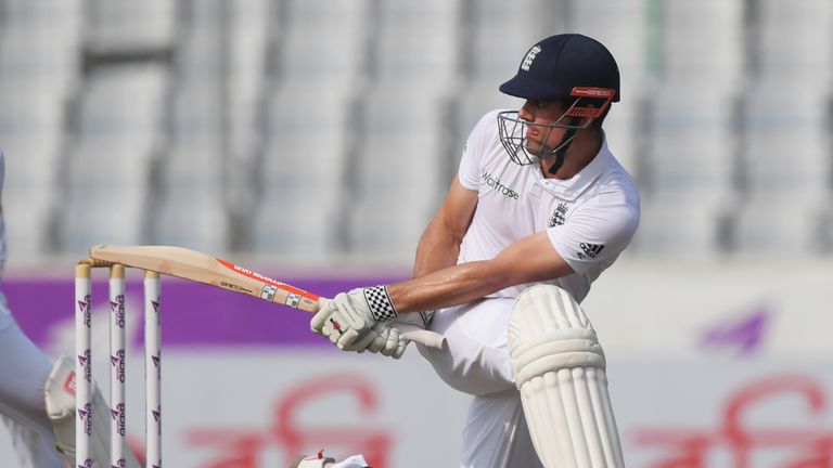 Alastair Cook plays a shot during the third day of the second Test  match between Bangladesh and England