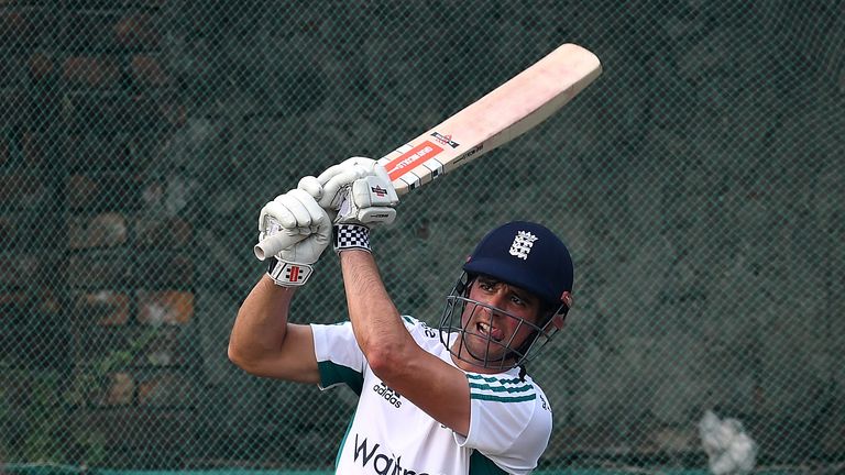 England Test captain Alastair Cook bats during a nets session at Sher-e-Bangla National Cricket Stadium in Bangladesh