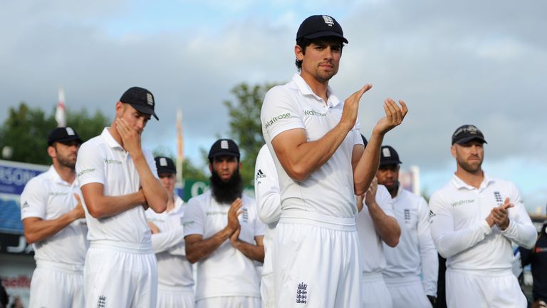 LEEDS, ENGLAND - JUNE 24:  England captain Alastair Cook with his team after losing the 2nd Investec Test match between England and Sri Lanka at Headingley