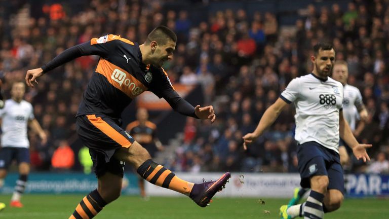 Newcastle United's Aleksander Mitrovic scores his side's first goal at Preston