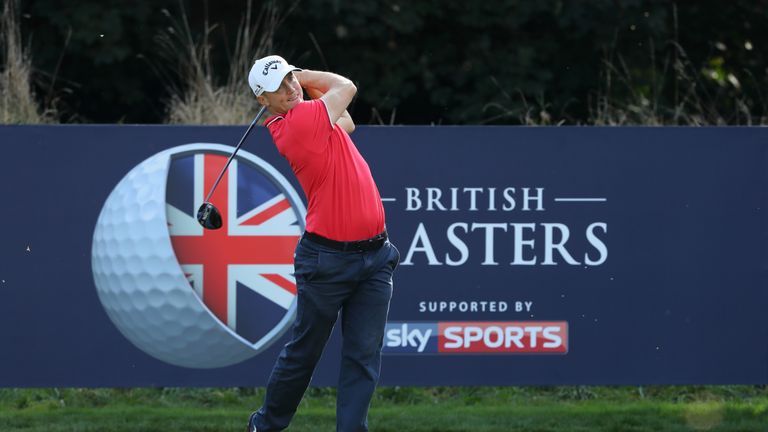 Alex Noren of Sweden hits his tee shot on the ninth hole during the third round of the British Masters at The Grove