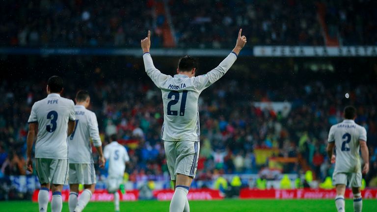 Alvaro Morata of Real Madrid CF celebrates scoring their second goal 