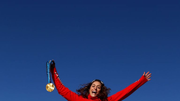 WHISTLER, BC - FEBRUARY 21:  Amy Williams of Great Britian poses for a photo with her Gold Medal after winning the Women's Skeleton event on 19th February,