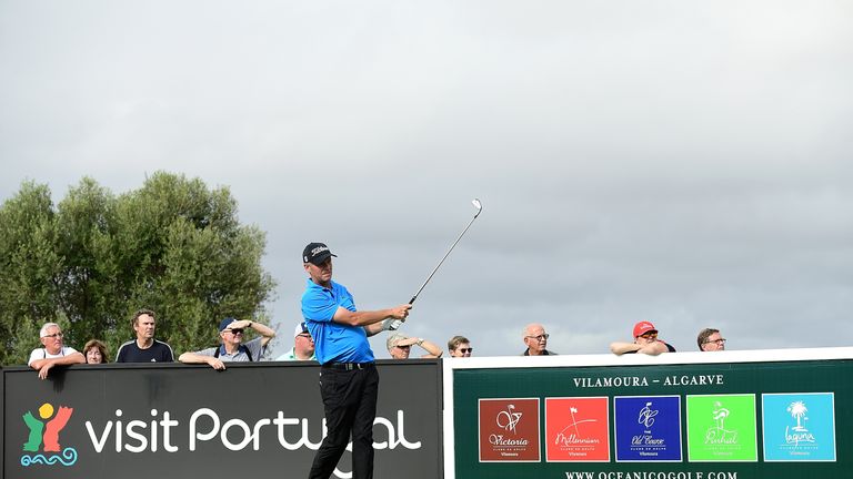 Anders Hansen of Denmark tees off during day three of the Portugal Masters at Victoria Clube de Golfe