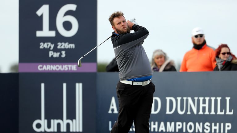 CARNOUSTIE, SCOTLAND - OCTOBER 06:  Andrew Johnson of England drives off  the 16th tee during the first round of the Alfred Dunhill Links Championship on t