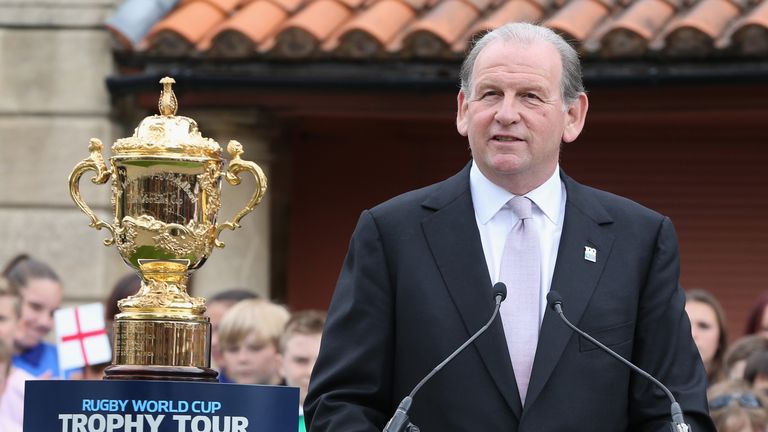 Andy Cosslett speaks at the launch of the Rugby World Cup Trophy Tour at Twickenham Stadium on June 2015