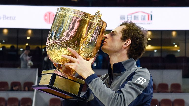 BEIJING, CHINA - OCTOBER 09:  Andy Murray of Great Britain kisses the winners trophy after winning the Men's Singles final against Grigor Dimitrov of Bulga