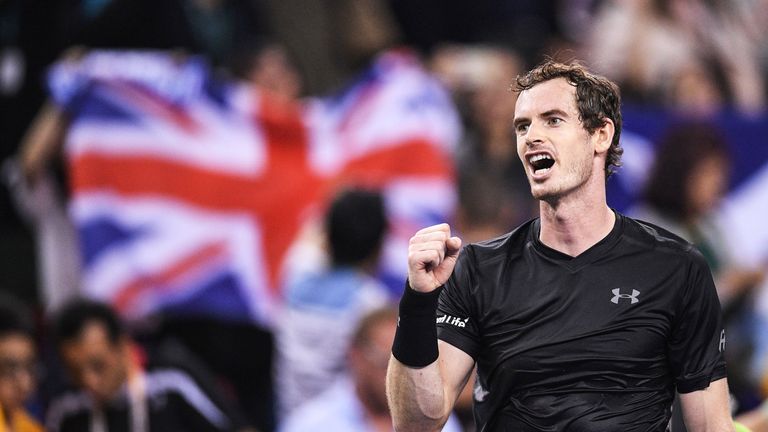 Andy Murray celebrates following his victory over Gilles Simon at the Shanghai Masters