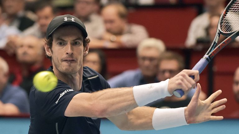 Andy Murray of Great Britain returns the ball during a tennis match against Martin Klizan of Slovakia at the ATP Tennis tournament in Vienna