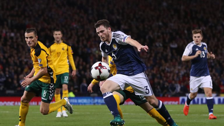 GLASGOW, SCOTLAND - OCTOBER 08: Andy Robertson of Scotland controls the ball during the FIFA 2018 World Cup Qualifier between Scotland and Lithuania at Ham
