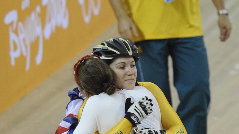 Track cyclists Victoria Pendelton (R) of Great Britain and Anna Meares of Australia hug each other after competing in the 2008 Beijing Olympic Games 