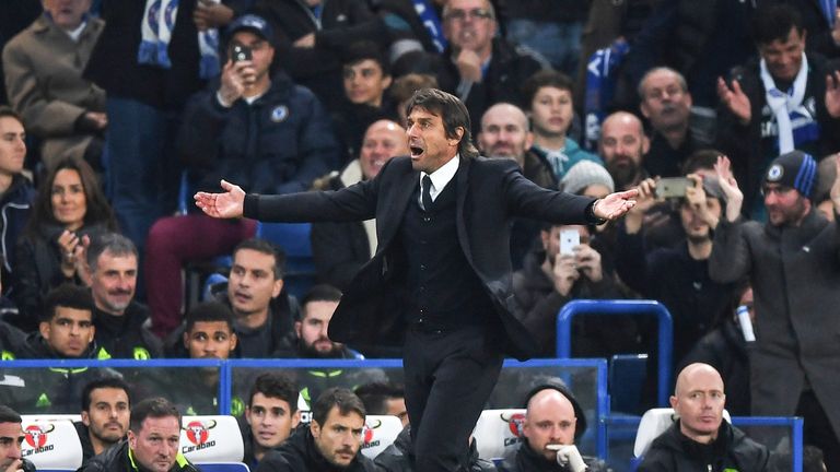 Antonio Conte gestures on the touchline at Stamford Bridge