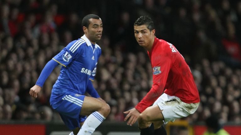 Cristiano Ronaldo of Manchester United clashes with Ashley Cole of Chelsea on January 11 2009 