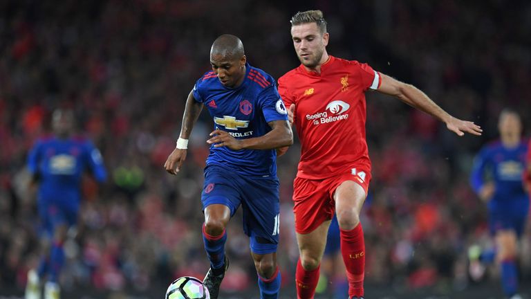 Manchester United's English midfielder Ashley Young (L) vies with Liverpool's English midfielder Jordan Henderson during the English Premier League footbal