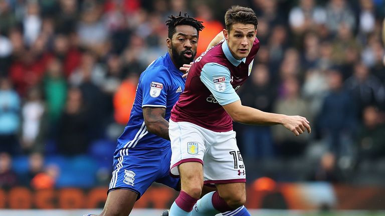 Ashley Westwood of Aston Villa wins the ball from Jacques Maghoma of Birmingham City during the Sky Bet Championship mat