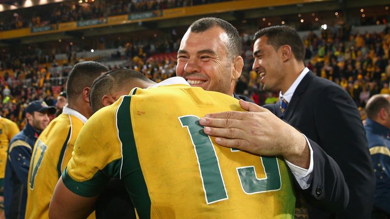 Australia coach Michael Cheika celebrates with Israel Folau 