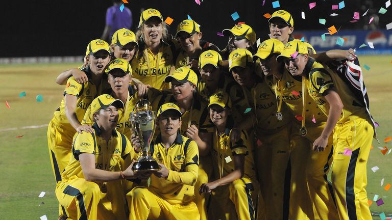 MUMBAI, INDIA - FEBRUARY 17:  Australian team celebrate with the Womens World Cup Trophy after the final between Australia and West Indies, at the CCI (Cri