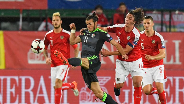 Gareth Bale takes on the Austria defence